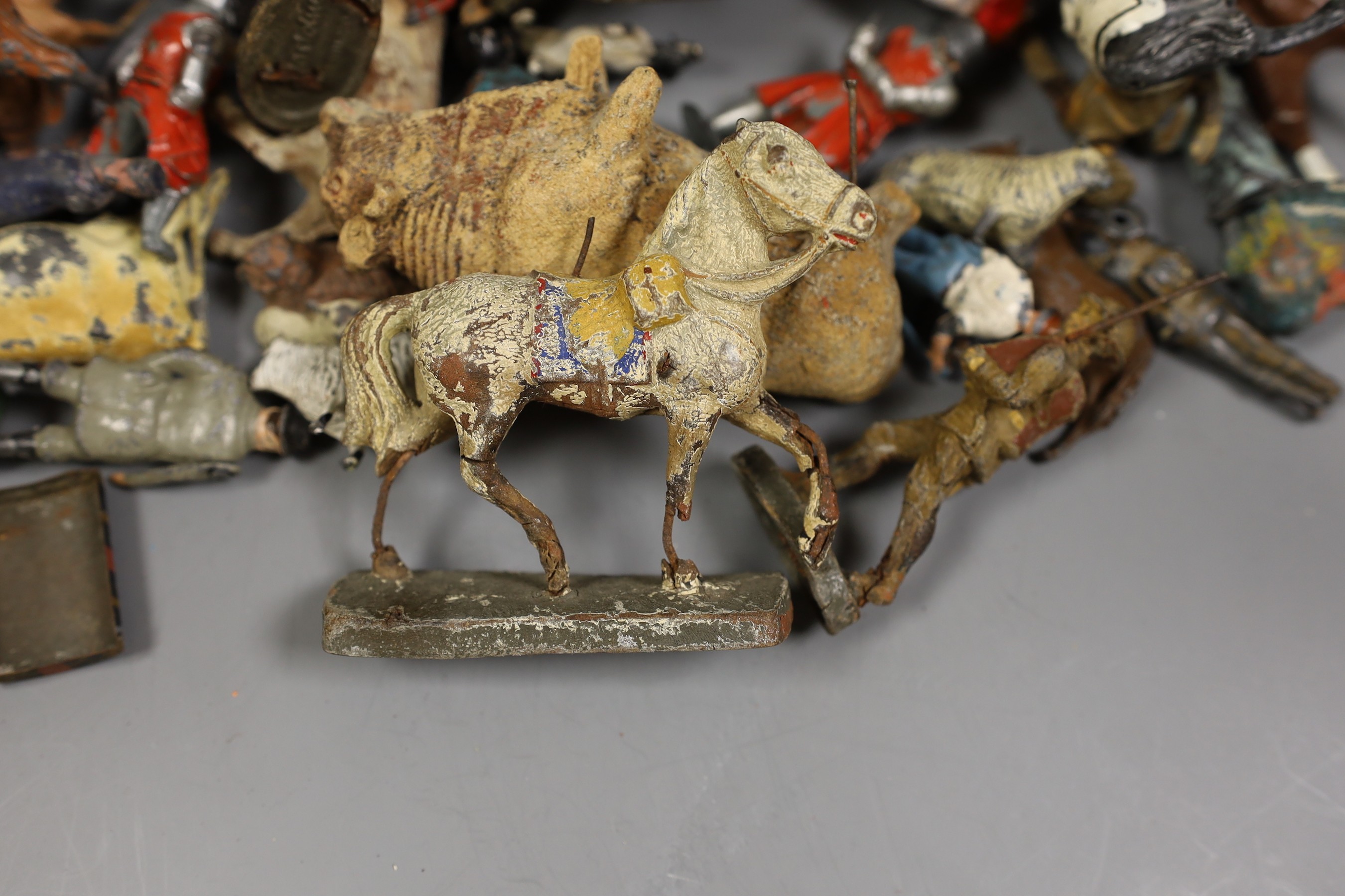 Brenco lithographed tinplate open tourer, and garage, and assorted hollow-cast toys, Elastolic, Dinky Toys, etc.